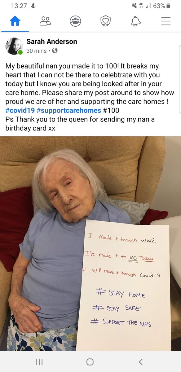 Namdeep90's tweet photo. @piersmorgan wondered if you could share this story of my partners nan who turned 100 today in a care home. They still have time in this crisis to celebrate milestones #100 #COVID19 #hope #supportcarehomes https://t.co/JkEysjFOIl