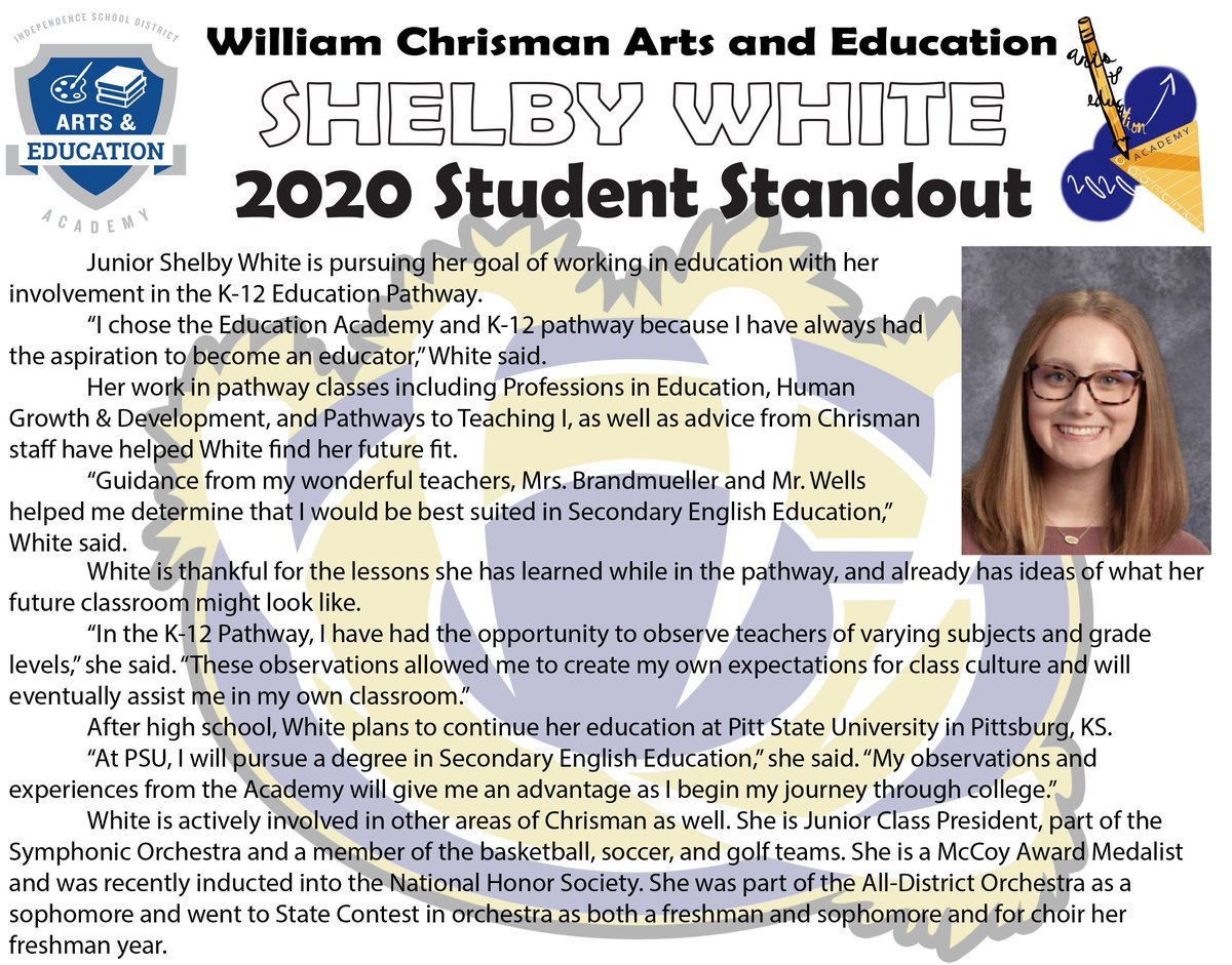 artsand_ed's tweet photo. Day 16 - We want to recognize our students while we're away. Instead of a Student of the Month, we are going to release a Student Spotlight each day. They represent a variety of pathways/grade levels. 
We are proud to spotlight our great students. 
Today's spotlight: Shelby White https://t.co/hgyQCTSWZt