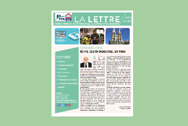 SFECE_FFB's tweet photo. [A lire] La lettre n°51 du SFECE est parue. Au sommaire : covid-19, actualités syndicales, normalisation, publication, formation, promotion des métiers et chantier du trimestre.
https://t.co/olRlcqT7be

#LesTravauxenHauteur #Echafaudage #Coffrage #Etaiement #Systemesmotorises https://t.co/UNPvZYAksr