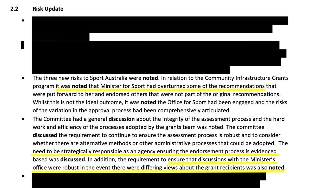 ICYMI: SportAustralia Answers to QoN during hearing of Senate Select Committee on Administration of Sports Grants  #sportsrorts  http://t.ly/2ODdj Finance Audit & Risk Committee meeting 13 Dec 2018‘Minister for Sport had overturned..recommendations’'discussions..robust’