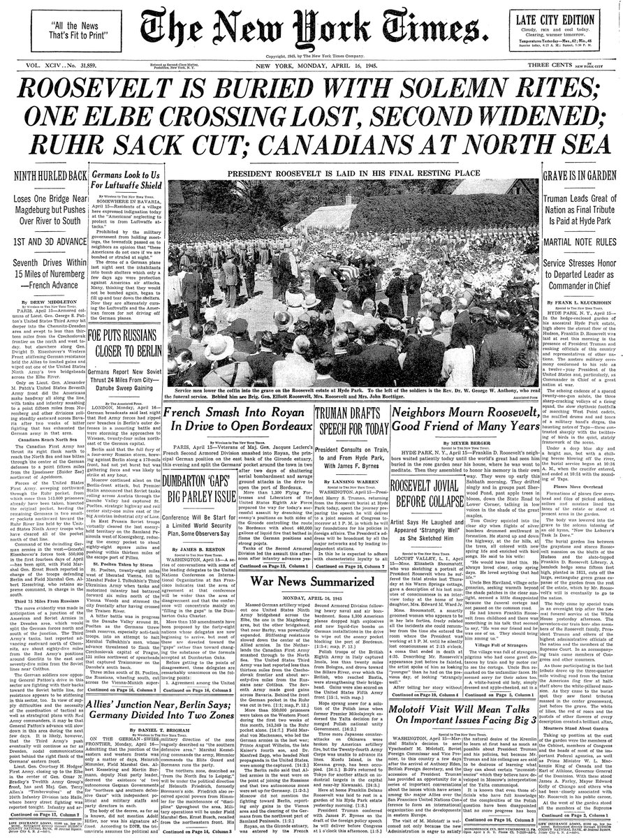 April 16, 1945: Roosevelt is Buried With Solemn Rites; One Elbe Crossing Lost, Second Widened; Ruhr Sack Cut; Canadians at North Sea  https://nyti.ms/2VgXcTf 