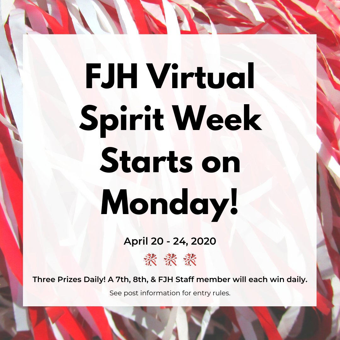 Charger spirit doesn't stop at the school doors! Let’s get online and show off our spirit during our Virtual <a href="/FJHChargers/">Fishers Junior High</a> Spirit Week—April 20 – 24!

Info: bit.ly/april2020ptone…

#fjhchargers #fjhchargerpride #virtualfjhchargerspiritweek #Chargersstayhomestaysafe