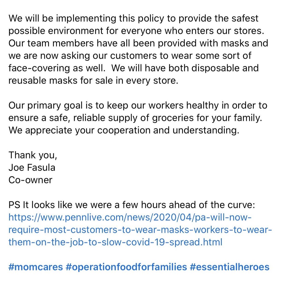 GerritysMarket's tweet photo. A Message to our Customers... Starting of Monday, April 20, 2020 all customers will be required to wear a mask or face covering at all Gerrity’s Locations 📃 #gerritys #gerrityssupermarket #momcares https://t.co/mSslqn6s5F