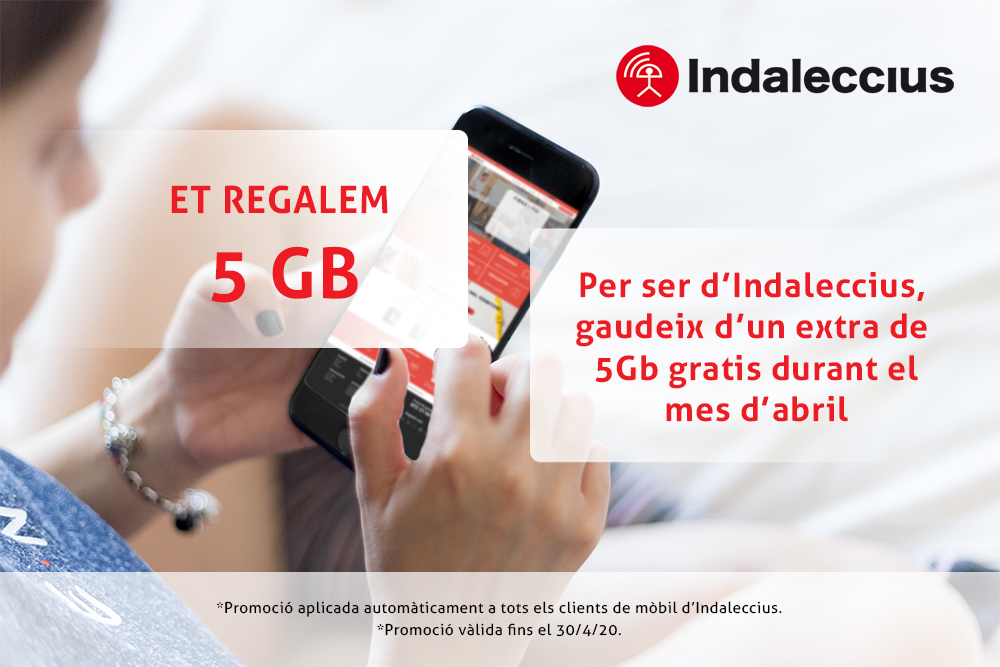 Indaleccius's tweet photo. Si ets client d'#Indaleccius, gaudeix de 5GB extres gratuïts també aquest mes d'abril! 🙌

*Promoció activada automàticament. S'allargarà fins el 30/4/20. https://t.co/ujKNTI9WBd