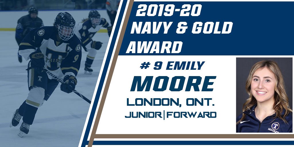 trinewhockey's tweet photo. ⚡️Navy &amp; Gold Award⚡️
This recipient embodies what it means to be a Thunder Hockey Player. They live &amp; breath #TrineWH. This year’s recipient is team captain, #9 Emily Moore. Putting the team first is what Emdog does best. We’re very proud of you. Congrats Em!! #TrineNation https://t.co/4WVpbLeBvx