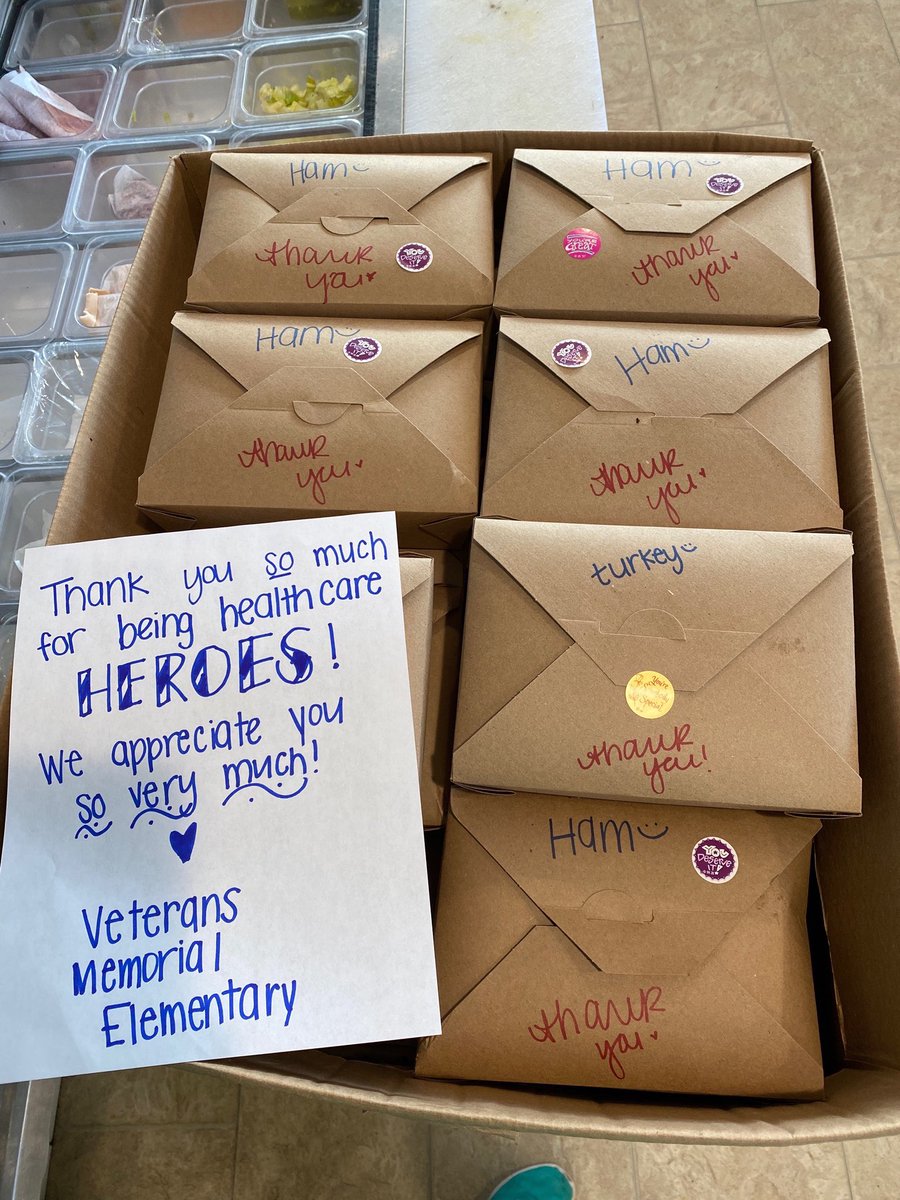 VMESMustangs's tweet photo. VMES has tremendous respect for health care workers and everyone else keeping us safe. As a small token of our appreciation, the VMES Early Act Club donated lunch to these incredible men and women working at Brick’s Ocean Medical Center ICU department. ❤️💛💚🐎 https://t.co/2c3mKGsxz3
