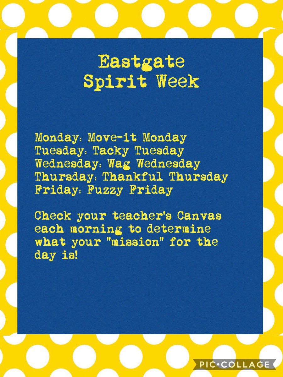Eastgate6NKC's tweet photo. Next week we will celebrate Eastgate spirit week!  Every morning, check into your teacher’s home room Canvas course to see what the exact “mission” for the day is!  We can’t wait to see you show your spirit!!!  #EaglesRise https://t.co/Of0MPvwllf