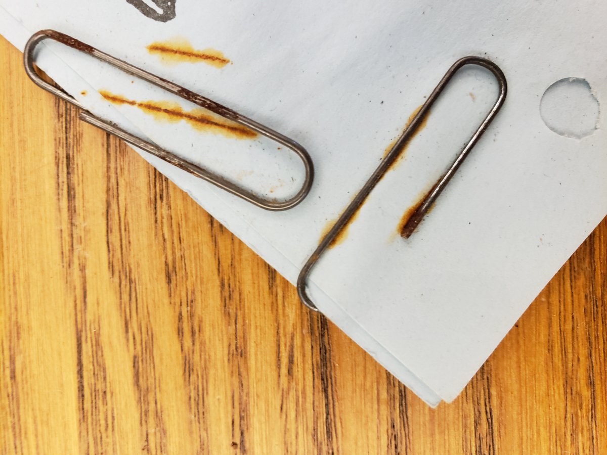 #ArchiveAdvice Metal rusts; rubber bands harden & adhere to paper. Tape yellows and may or may not fall off. All of these things will stain your documents and photos. Use a folder or folded paper to hold things together. And if you can't easily undo it, don't do it! #Archive30