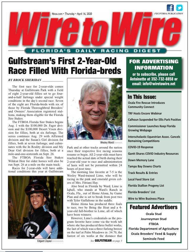 florida_horse's tweet image. The Thursday edition of Wire to Wire is online now! You can check it out here:
wiretowire.net

@florida_horse @OcalaStud @FDACS @JourneymanStud @seminolefeed @OcalaBreeders 
#wiretowire #racingdigest