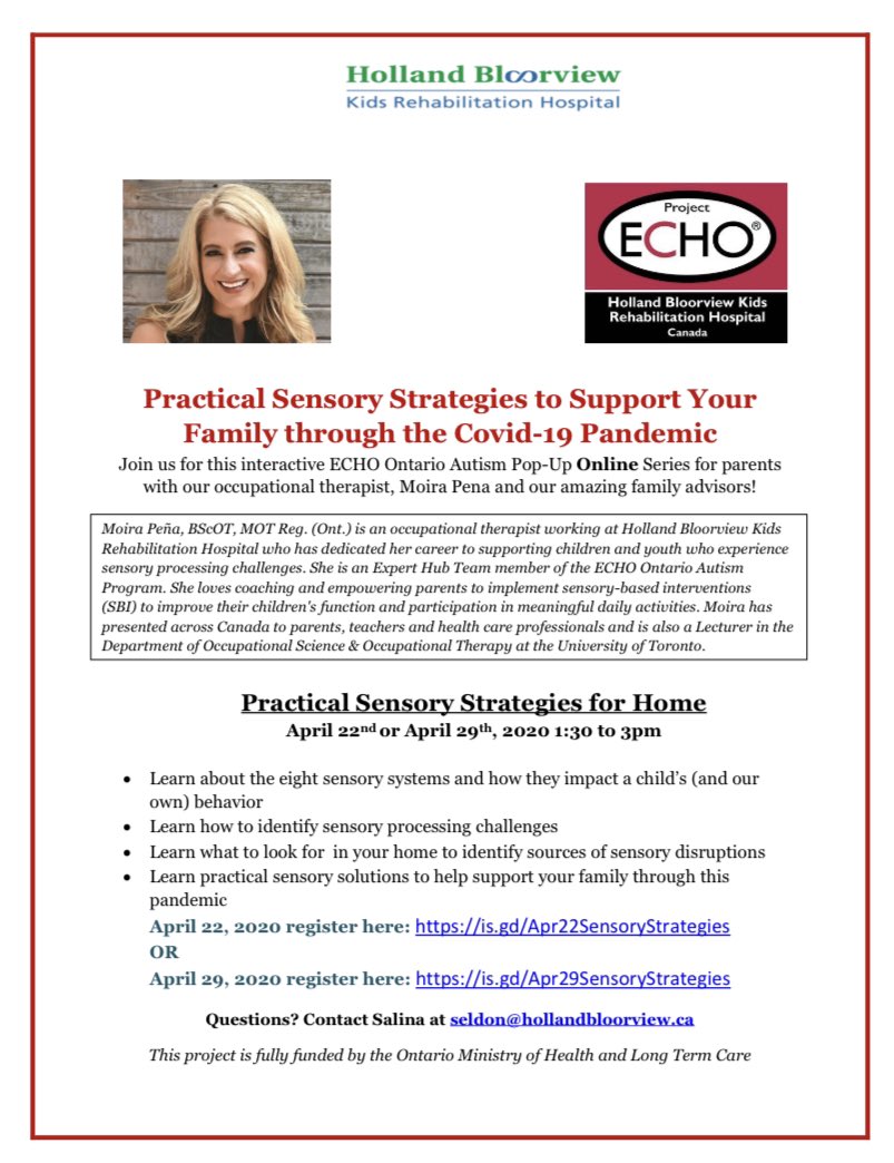 SusanCosgrove's tweet photo. I am so excited to share that @ECHOAutismON will be supporting parents of autistic children &amp; youth during this unusual time . All parents welcome. 
Register here:
April 22 https://t.co/hFdN2hkwOZ
April 29 https://t.co/FMqZTWvDnA
Questions? seldon@hollandbloorview.ca https://t.co/lRoVCk0bv7