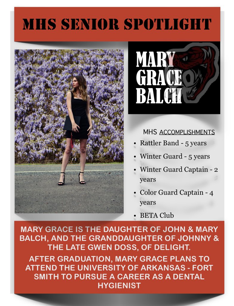 spcsdrattlers's tweet photo. Today’s MHS Senior Spotlight is shining on Mary Grace Balch. Mary Grace has accomplished great things during her time at MHS and we know her future is bright! Congratulations, Class of 2020! #GoRattlers #ClassOf2020 @swarkansasradio @NNewsLeader https://t.co/OyVJHDdWCr
