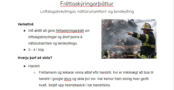 HildurArnaH's tweet photo. Fjarhópverkefni í Kraumi- fréttaskýringarþáttur um loftslagsbreytingar. Hóparnir eru með möppu á drive fyrir myndbönd og docs skjal með handriti. Ég bjó til hópa í google chat svo þau geta rætt saman í máli og mynd🤓 Hér eru öll gögn: https://t.co/v6qMfNOBbO #menntaspjall #utkall https://t.co/Gdc1gL0oHg