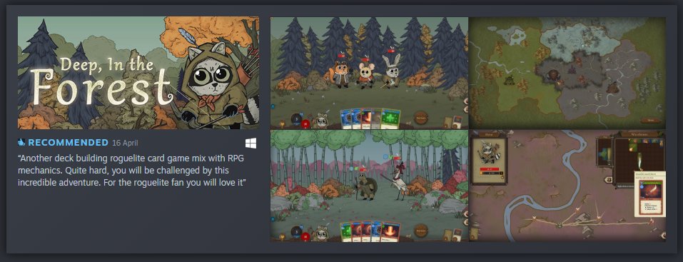 BlackPotionHQ's tweet photo. #OneDayOneReview

Today we review Deep in the Forest: a deck building roguelite card game mix with RPG mechanics

🛒Store Page https://t.co/IZerH0FWa3

🎮The Dev @Satur_games

#Indiegame #DeepInTheForest #Roguelite #CardGame #gamedev #Indiegamedev #review #Steam #indiegamelover https://t.co/Wsh8aSOBGc