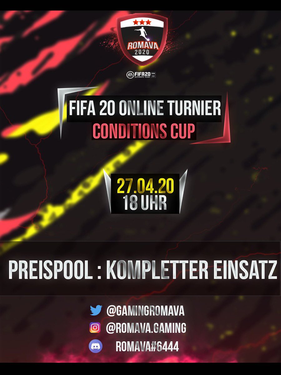 Unser nächstes Turnier ist ein Conditions Cup. Mit festgelegten Teambedingungen wird das Turnier fairer gestaltet 🎊 Unter allen Leuten, die das Turnier auf Twitter retweeten oder auf Instagram teilen, wird ein freier Eintritt verlost🎉 Wir freuen uns auf Euch 🎉🎊 #fifa #esports