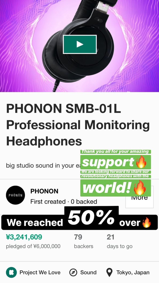 phonon_inc_'s tweet photo. We reached 50% over now🔥
Thank you all for your amazing support!
we are looking forward to share our revolutionary headphons "SMB-01L" with the world🔥

Please share Social Media&amp;your friend🔥
#PHONON #SMB01L #Kickstarter https://t.co/ABovWpLeI1