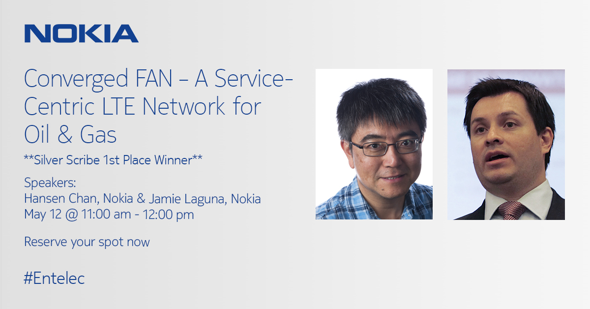 nokiaindustries's tweet image. Congratulations to @hchan888 and Jaime Laguna for winning @ENTELEC&apos;s **1ST PLACE** Silver Scribe Award for their presentation on Converged Field Area Networks (FAN) for Oil &amp;amp; Gas! #ENTELEC will be hosting this presentation as a webinar on May 12. bit.ly/3afOCIt