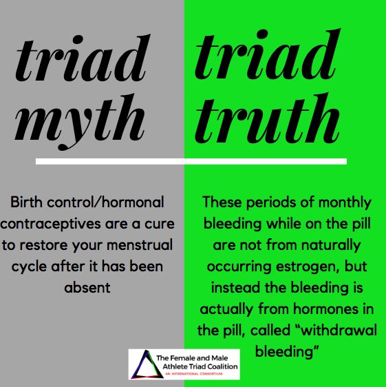 TheAthleteTriad's tweet photo. While it may appear as though you “regain” #yourperiod once you are put on the pill, this is not a true period- in fact, you do not ovulate, nor do you have the normal hormones being produced in your ovaries. Find more info & myths/truths at our website! #linkinbio https://t.co/J5R43eHrQ2