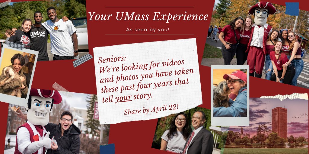 UMassAmherst's tweet photo. Seniors: let's celebrate your UMass experience through YOUR eyes — so share your photos and videos with us! Whether it's you and your friends hanging by the pond, eating at Berk, or grabbing a coveted Swamy selfie, we want to see! Share by 4/22: https://t.co/mSM3KZ01lF https://t.co/vK5hGQ4aTw