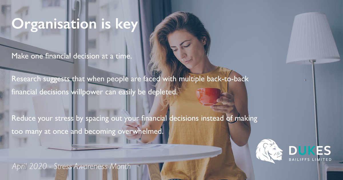 DukesBailiffs's tweet photo. How to reduce financial stress - Get organised

Leaving tasks and payments until the last minute can be easily avoided by improving your organisational skills.

Take a look at our tip to improve your stress.
#ThursdaysTips #StressAwarenessMonth https://t.co/cRndhNrXuD