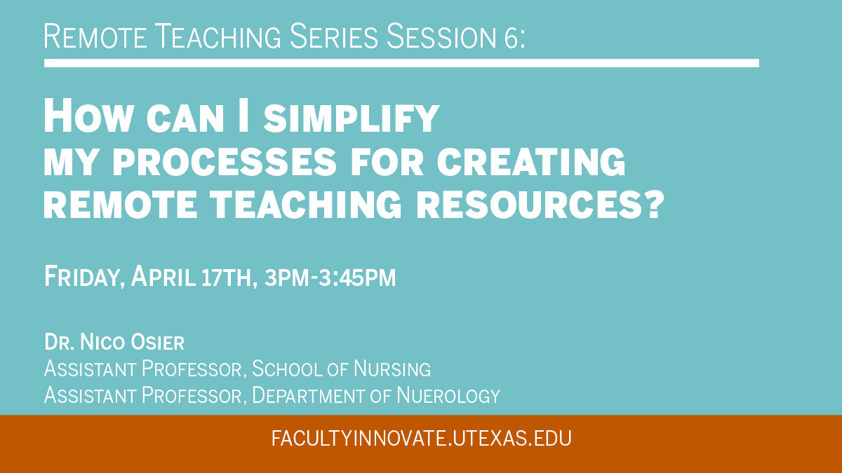 CTL_UT's tweet photo. ❌ Overwhelming. 

So many decisions and steps involved in creating remote teaching resources. Join the FIC and PTF Dr. Nico Osier for this important conversation. 

✅ Simplify. Friday @ 3:00 https://t.co/taXoyJQMQ1

@UTAustin #UTtogether https://t.co/rZ0se8M9Mx