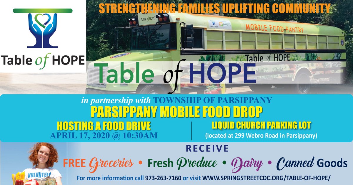 TableOfHope1's tweet photo. PARSIPPANY MOBILE FOOD DROP
APRIL 17TH 2020
10:30AM Liquid Church Parking Lot
299 Webro Road Parsippany NJ
FREE GROCERIES Fresh produce, dairy and canned goods
TELL A FRIEND !! https://t.co/ord0LhiL5Q