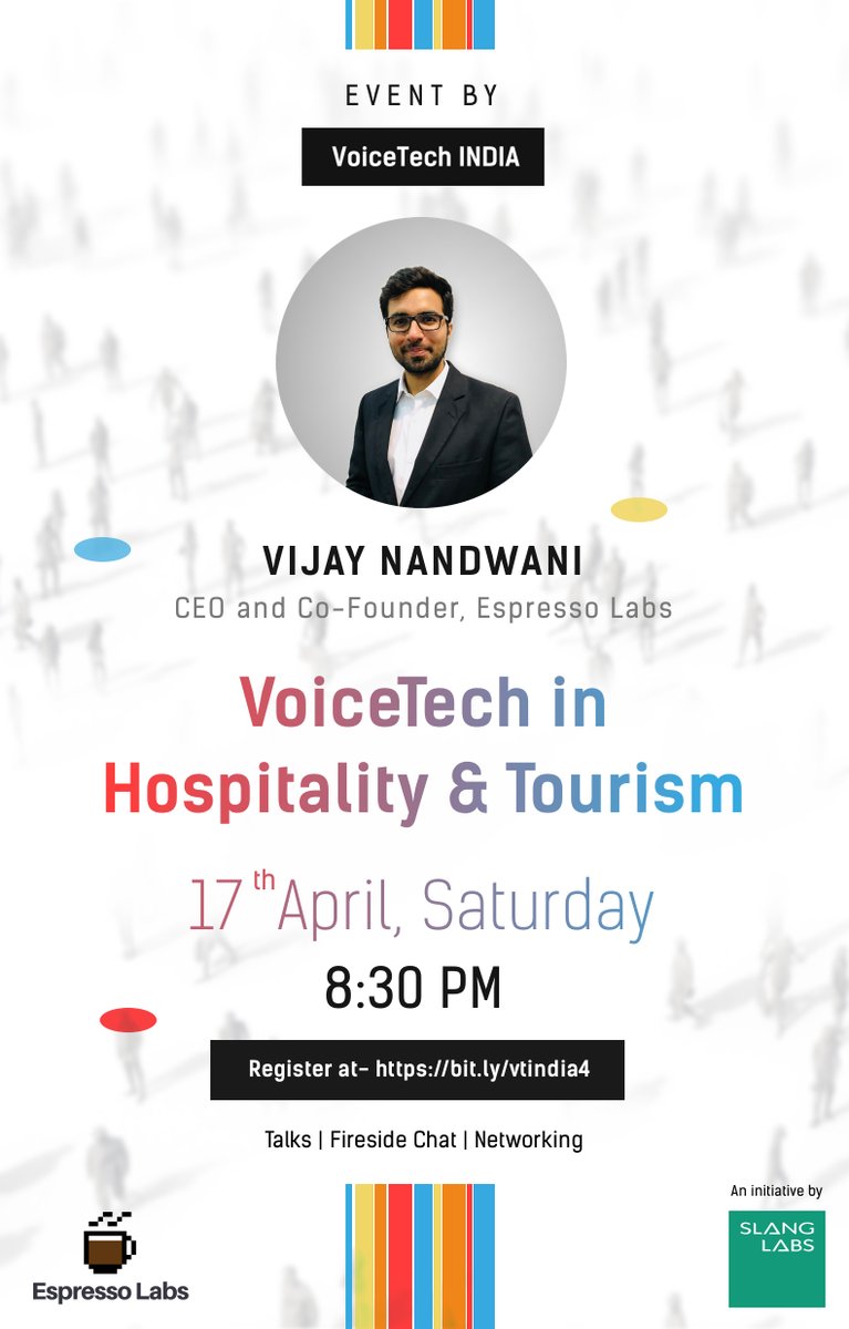 VoicetechIndia's tweet photo. The webinar has two segments:
1. Vijay will talk about the insights gained while building Voice Assistants for the Hospitality and Tourism industries.
2. @vinayakjjw and Vijay will have a fireside chat around Voice Assistants and the future of VoiceTech in India. https://t.co/iGsQAxU3eD