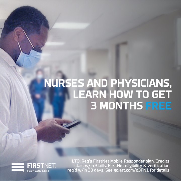 TheRealOurNE's tweet photo. Nurses &amp; physicians can get 3 months of FREE wireless service on FirstNet®! LTO. Req's FirstNet Mobile-Responder plan. Credits start w/in 3 bills. FirstNet eligibility &amp; verification req'd w/in 30 days. See https://t.co/ohj5fmw1dV for details. #attemployee #ConnectedTogether https://t.co/3rlflKN827