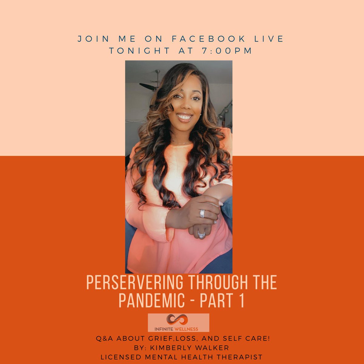 Inf_wellnessMD's tweet photo. Please join in the discussion about grief, loss, and self care during the pandemic with Mrs. Kimberly Walker, LMSW, today at Facebook Live at 7pm ! DM or reply with any questions for Mrs. Walker to answer! https://t.co/HgUXe0Rp0D