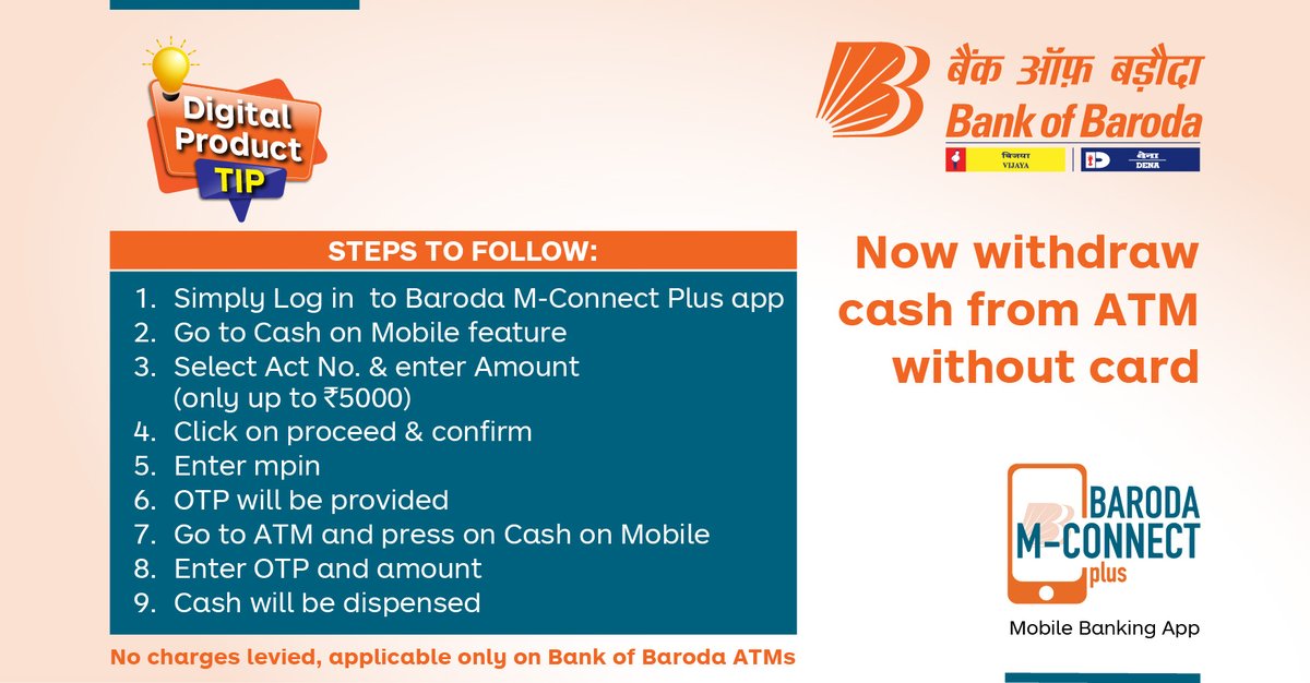 bankofbaroda's tweet photo. Not carrying your ATM Card? No problem. You can still withdraw cash from an ATM using #BarodaMConnectPlus app. Follow a few simple steps and experience convenience like never before. #DigitalProductTip #GoDigital #BankofBaroda https://t.co/7sHA0Ep9mu
