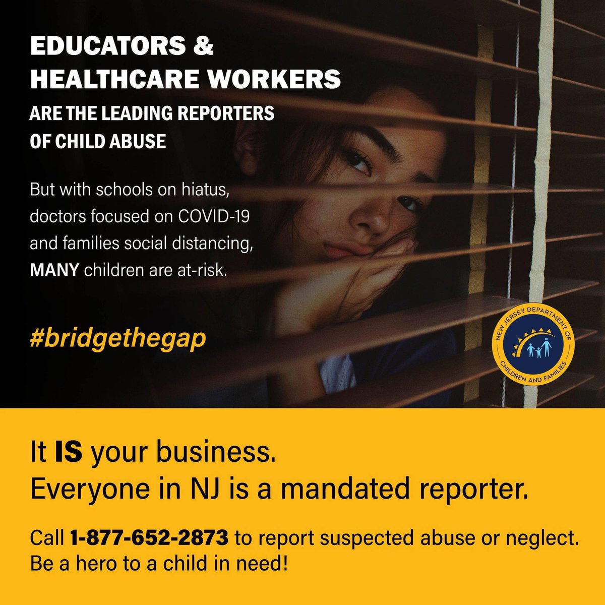 NJCAP3's tweet photo. April is #ChildAbusePreventionMonth 
#NJDCF 
With families #socialdistancing, we're asking everyone to #bridgethegap and check in on children who may be at risk. 
Call the Child Abuse Hotline to report abuse or neglect: 
☎️1-877-652-2873 https://t.co/ClnW2pg0cj