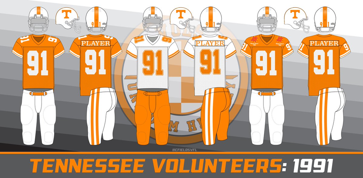 More  @VolsUniHistory historical tracker posts. Finished 1990 and 1991 last night! 1990 saw a new uniform set for the Vols, moving the sleeve stripes down to the sleeve cuff which stayed there until 1999 depending on the player and sleeve style. & 2 different away jerseys