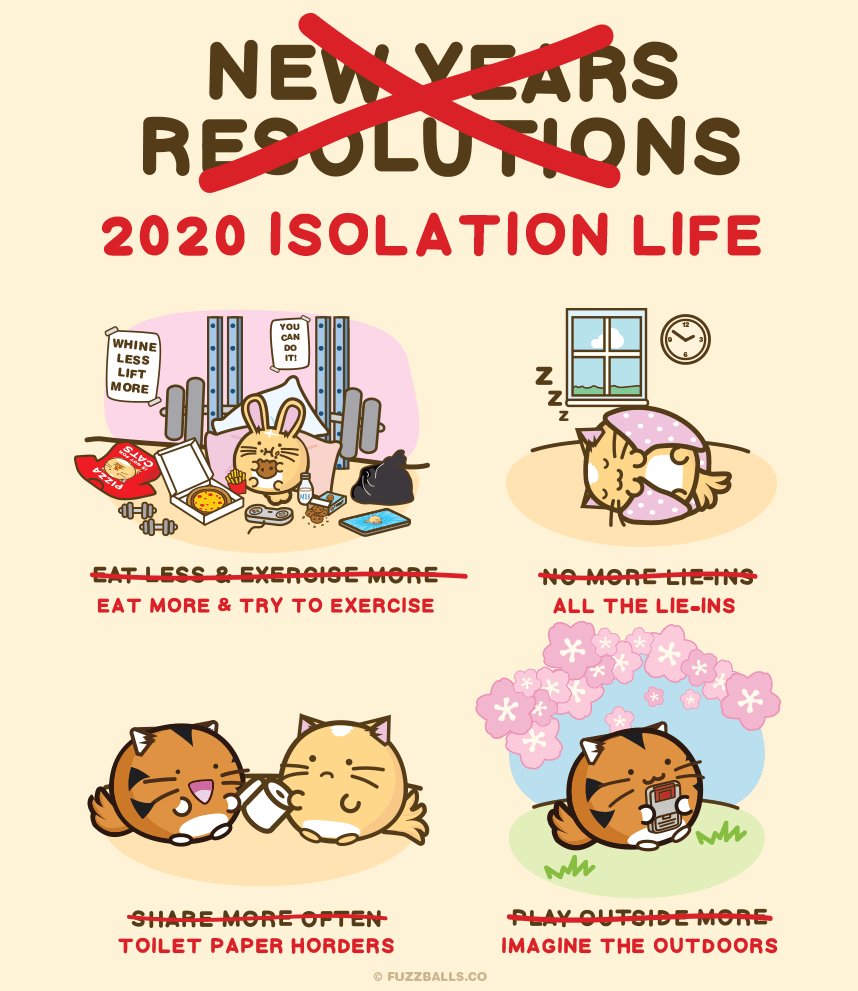 fuzzballs's tweet image. Just four months ago we was laughing about new years resolutions. Well life isn&apos;t too much different from those is it?
---
Share with your self isolation friends. Stay safe and stay pawesome!
❤

#fuzzballs
#selfisolation