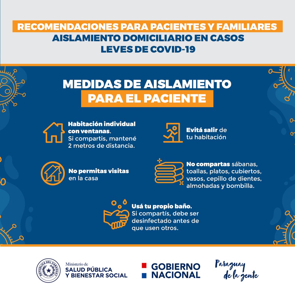 msaludpy's tweet photo. #COVID19 l Te recordamos las medidas de aislamiento domiciliarios para pacientes con casos leves.

#QuedateEnCasa
#NosCuidamosEntreTodos https://t.co/ZzOqCqde0E