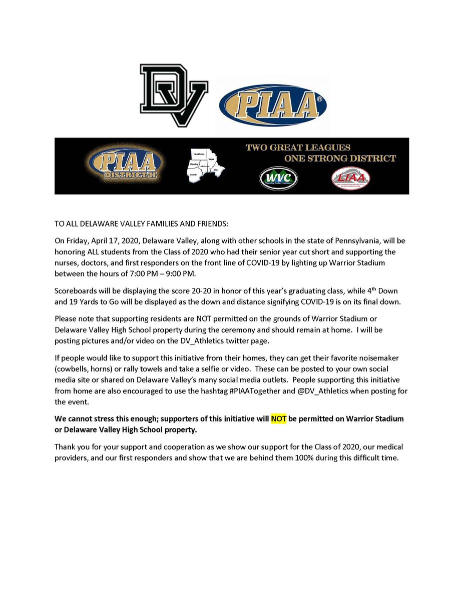 DV_Athletics's tweet photo. Celebrating the Class of 2020 and our heroes on the front line during this difficult time.  Please read, share, and celebrate tomorrow night from HOME. 
@DVSD_Warriors https://t.co/IztMQDKFam