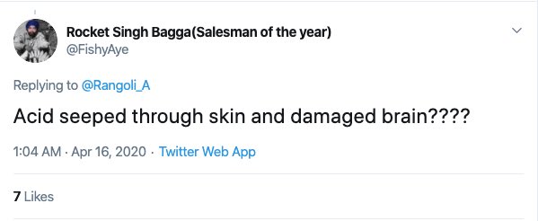 Just some people, triggered by Rangoli Chandel’s tweet, celebrating the acid attack on her and wishing some more damage on her