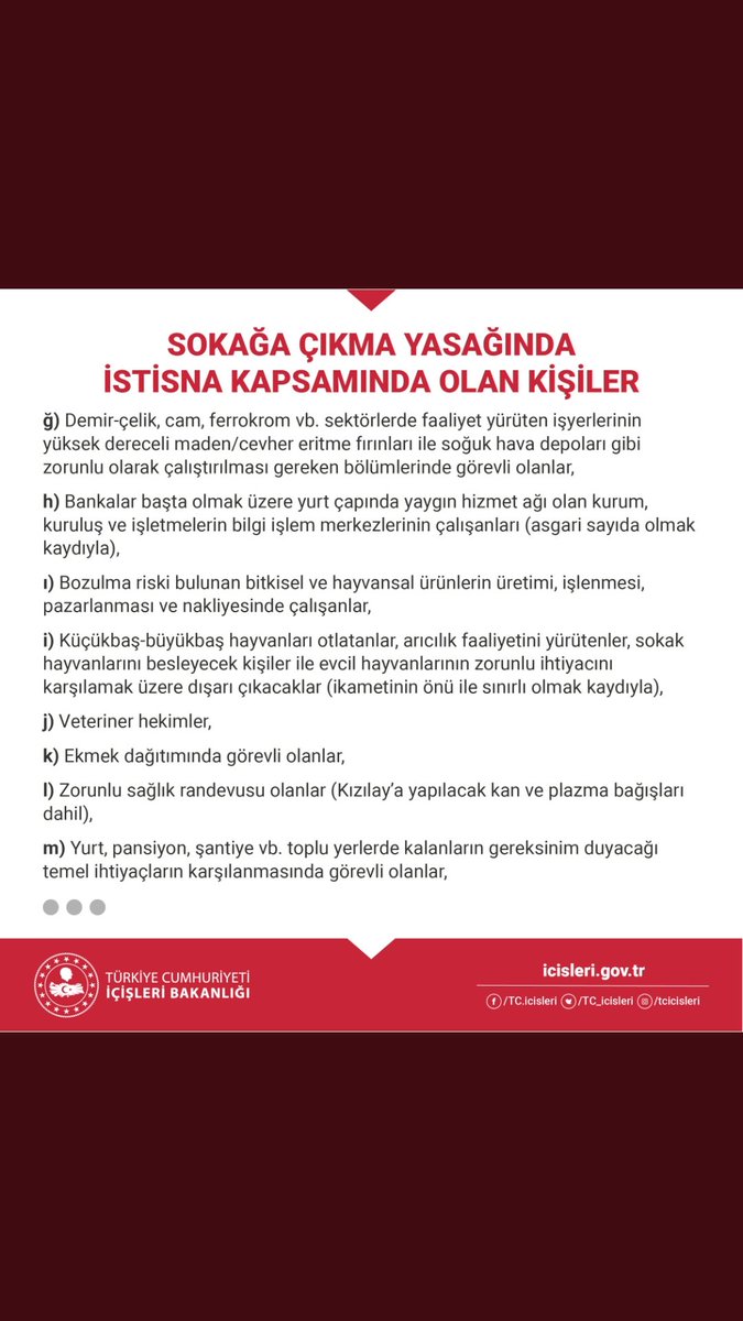 #SokagaCikmaYasagi süresince ikamet önü ile sınırlı kalmak kaydıyla evcil hayvanların zorunlu ihtiyacını karşılamak için dışarı çıkılabilecek.