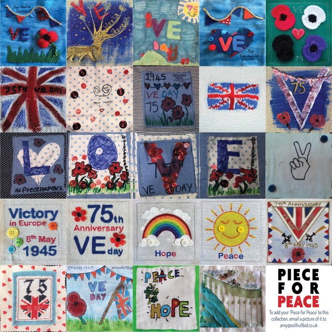 AmyyHubbard's tweet photo. If you haven’t already seen our Piece for Peace project for #VEDay get involved now! 

All you need to do is create a 5inch Square and send us a picture! Find out how you can celebrate VE Day in your own home here... https://t.co/duFBASSKOs 
@SolihullBID #neverforget #stayathome https://t.co/jFeuaI7PlU