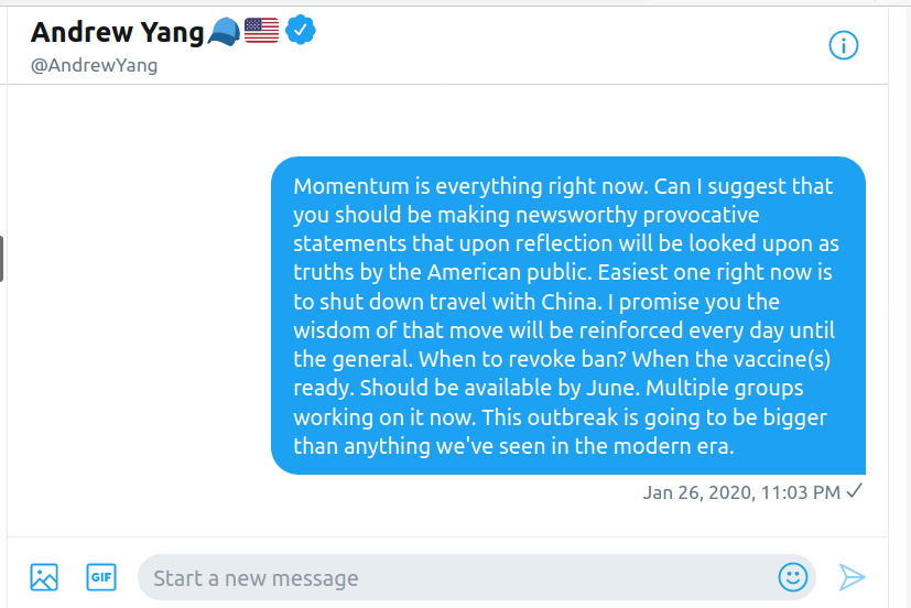 ericfaccer's tweet image. In my fantasy timeline @andrewyang saw this (real) DM, took the advice and was now on his way to the dem nomination.