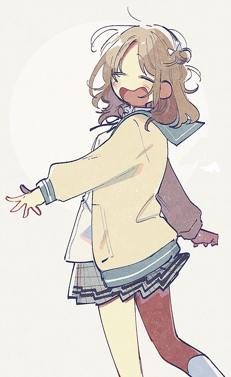 ichikawa hinana 1girl solo skirt hair bun closed eyes school uniform yellow cardigan  illustration images