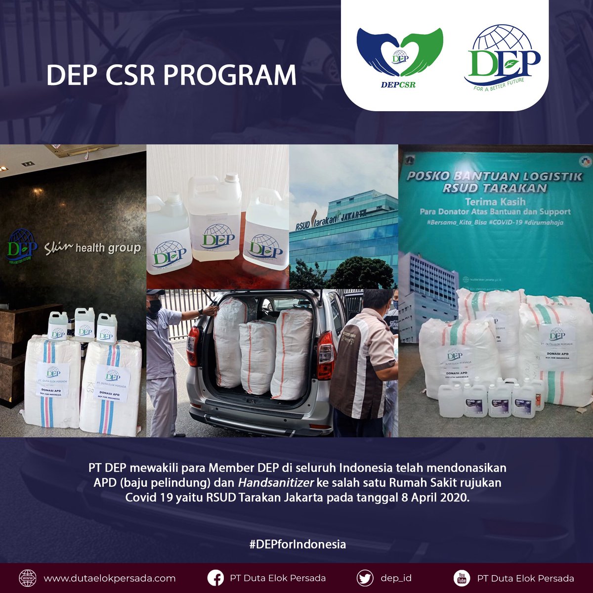 dep_id's tweet photo. PT DEP yang juga mewakili para mitra DEP di seluruh Indonesia, mendonasikan sejumlah APD dan Handsanitizer ke RS rujukan Covid19 yaitu RSUD Tarakan Jakarta pada hari Rabu, 8 April 2020.
#DEP #DSS #depsupportsystem #MLM #bisnisMLM #nuamoorea #skincare #petrusiriantoherwono https://t.co/ZaYR3TMA76