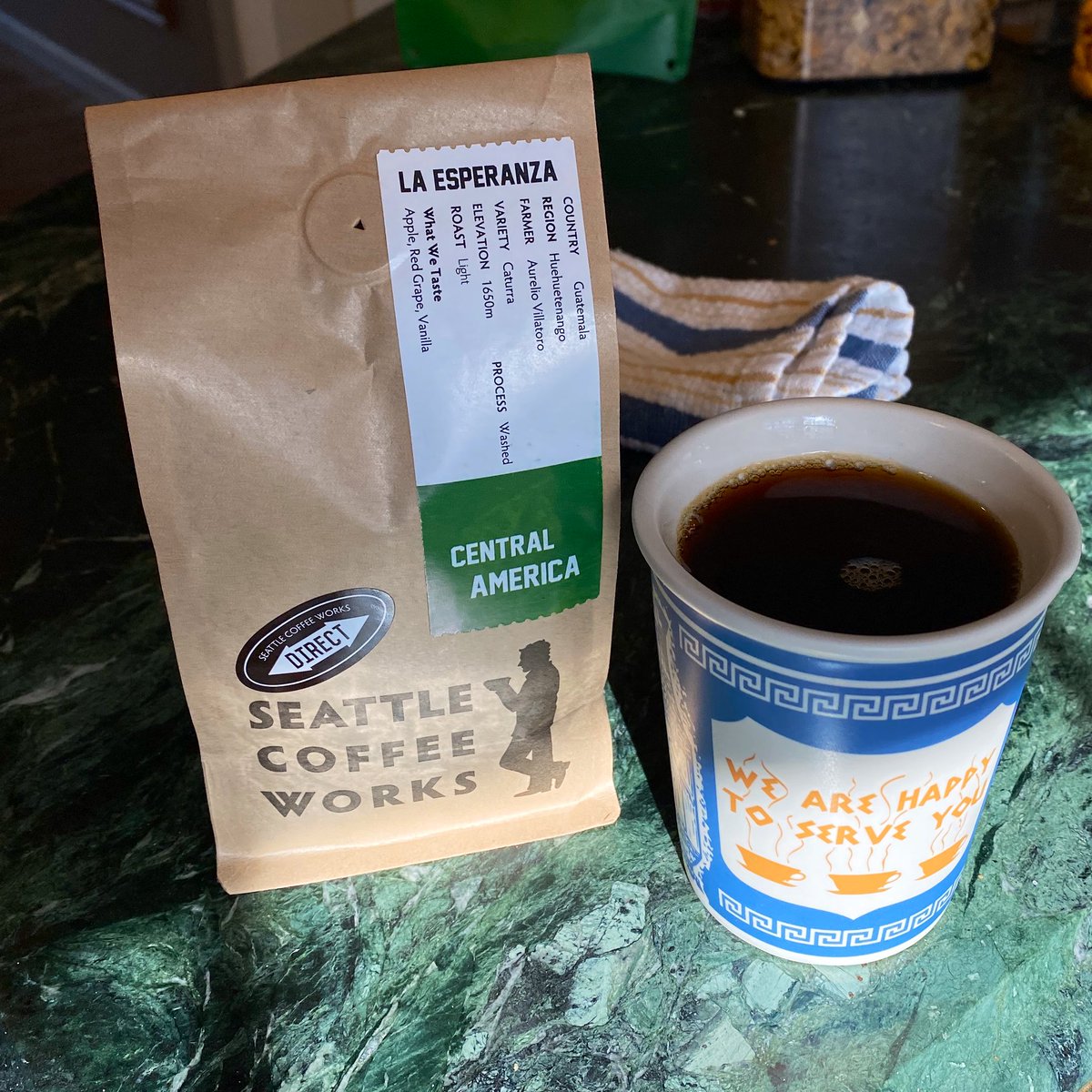 Seattle Coffee Works La EsperanzaThe fine folks at Seattle Coffee Works deliver another absolutely delicious brew. This light roast from Guatemala has some seriously flavorful fruity notes. The vanilla hits on the finish to complete a really wonderful sip.