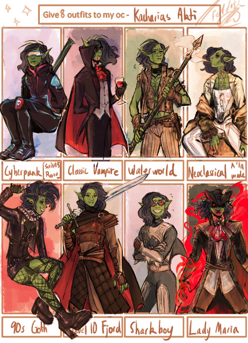 finished that 6 outfits thing (...or 8 outfits bc i have no restraint) for Kari! i may have gotten a Little Bit Carried Away with this? but it was rlly fun so ! thanks for all the suggestions, folks >:oc 

#dnd #outfitchallenge 