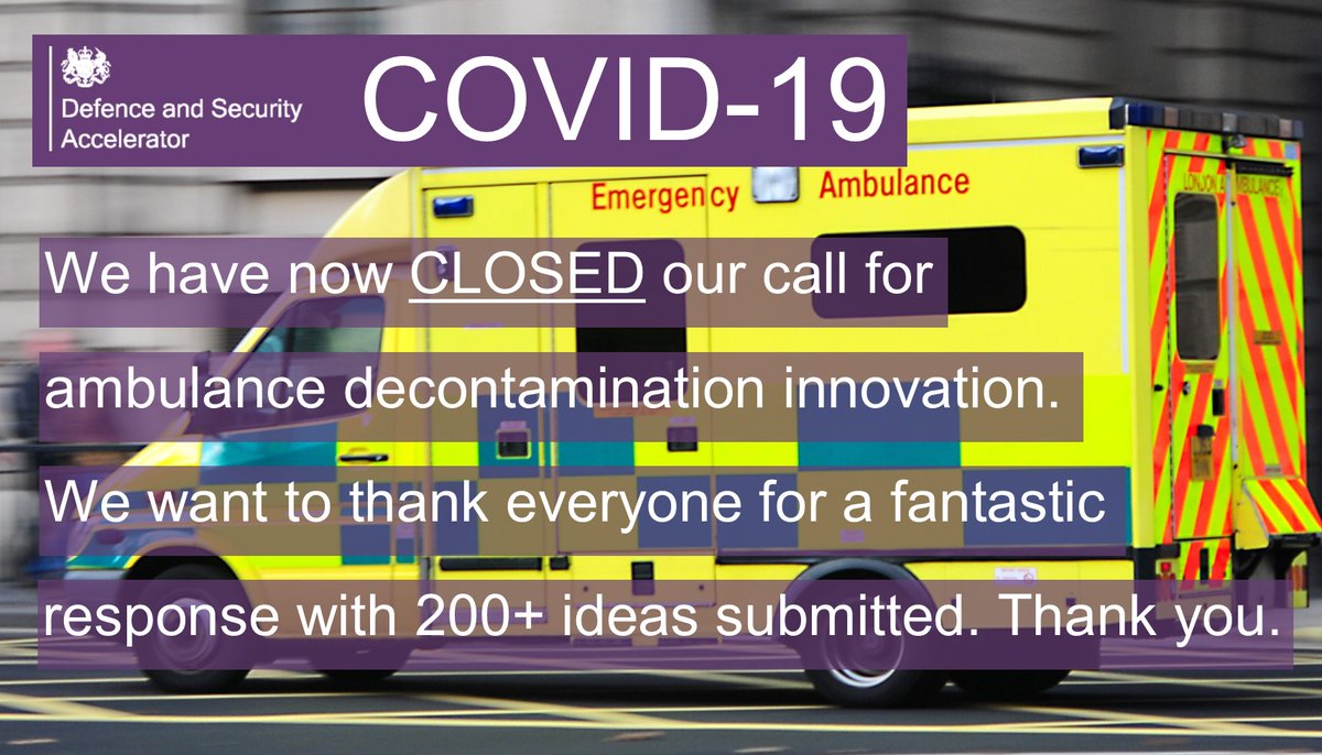 UKDInnovation's tweet photo. A huge thank you to everyone who answered our call for ideas and innovation to decontaminate ambulances quicker as part of the national effort against Coronavirus. 

We had 200+ proposals in just one week and have now CLOSED this call. 

Thanks to everyone for an amazing response https://t.co/t6iVMT4vHl