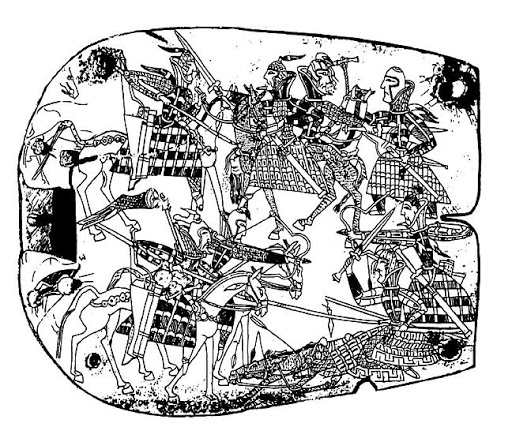Orlat plaques are a series of bone plaques that were discovered in the mid-1980s in north of Samarkand. They are decorated with battle scenes between soldiers wearing cataphracts. The date of the plaques suggest a 1st-century CE date. Kangjus, a tribe close to the Sogdians.