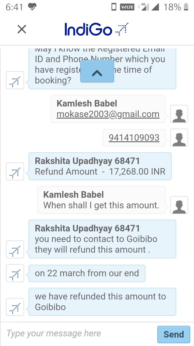 Mokase2003's tweet photo. @goibibo 
I cancelled my flight on 22.3.20 and Indigo airline refunded the full amount to you. I tried my best to contact your customer support team but every time Gia is there to prevent customers contacting a human support at your side. 
PNR AH8G7Z INDIGO https://t.co/zzltlPcfur