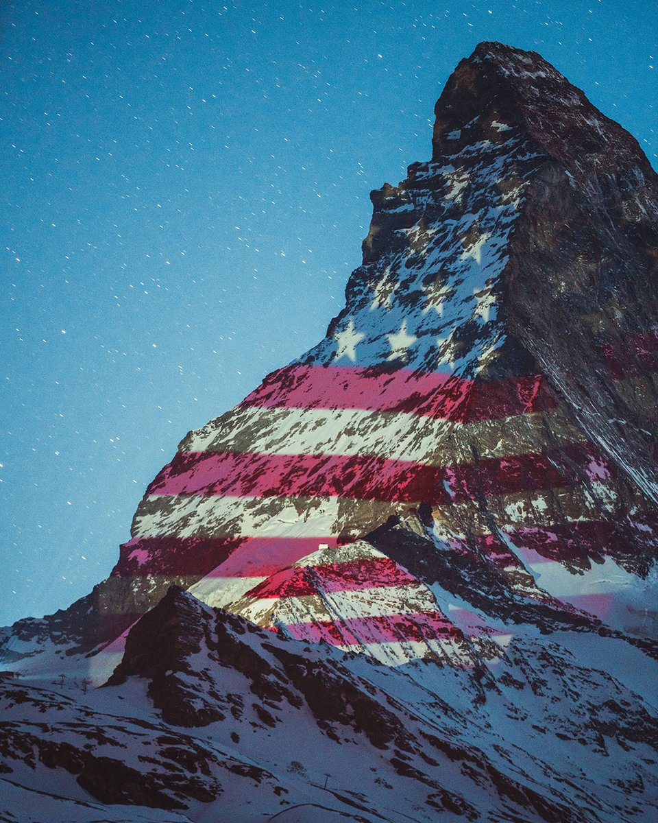 ColletteTravel's tweet photo. What a beautiful sight from #Switzerland last night. The #Matterhorn was illuminated with the Stars &amp; Stripes to help give hope and solidarity to all of you.

We are truly all in this together. 🇨🇭❤️🇺🇸 
📍: #Zermatt Matterhorn
📷: Gabriel Perren, Frank Schwarzbach
@MySwitzerland_e https://t.co/JxwXi9ViEN