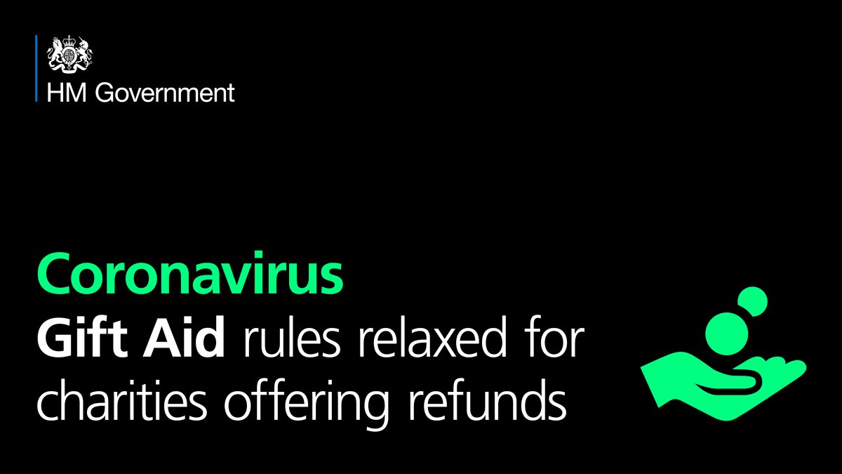 We’ve relaxed the Gift Aid rules on donating refunds due on charity events that have been cancelled due to #coronavirus. This makes it easier &amp; quicker to Gift Aid donations back to charities. 

Find out more ⬇️
gov.uk/guidance/proce…