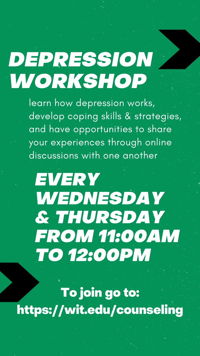 Witwellness's tweet photo. Are you struggling? Join our online Depression Workshops every Wednesday & Thursday from 11am to 12pm, to join the Wednesday group fill out this link: https://t.co/ZGp3mQOL8K for the Thursday group complete this form: https://t.co/quqvJOxswy #BeWellatWIT #Wellness @witproject40 https://t.co/bPm5qkwfKf