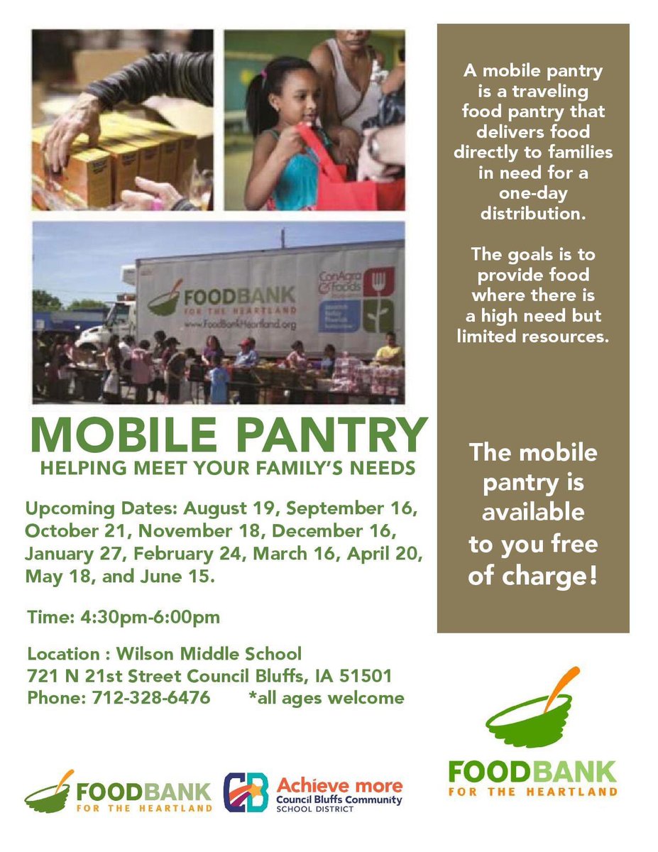 The Food Pantry on Monday, April 20th will be drive thru. Traffic will line up on 21st Street from the North. Patrons will not get out of their vehicles and social distancing guidelines will be observed. Please spread the word.