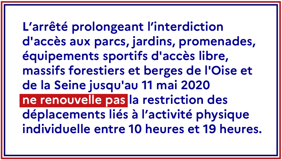 Prefet95's tweet photo. A compter du 16 avril, les déplacements liés à la pratique sportive individuelle sont autorisés dans le Val-d'Oise, dans la limite d'une heure, à un kilomètre de chez soi, et dans le strict respect des gestes barrières. 
Prenez soin de vous et de vos proches. https://t.co/ijNQTg2fQa
